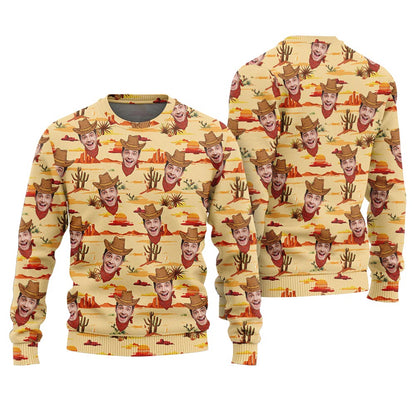 Custom Cowboy Face Texas Christmas Sweater Adult