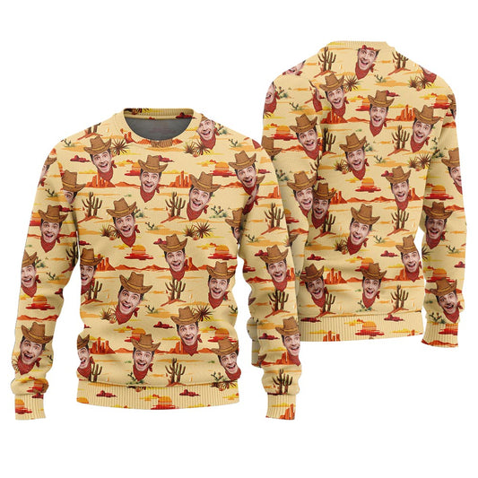 Custom Cowboy Face Texas Christmas Sweater Adult