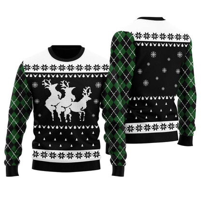 Black Funny Reindeer Threesome Christmas Sweater Men