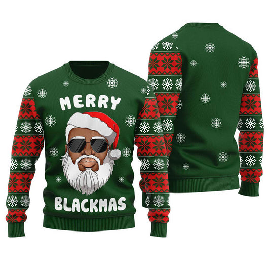 Classic Black Santa Ugly Xmas Sweater Forest Green