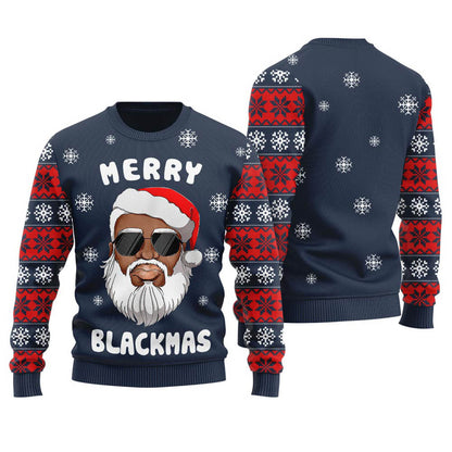 Classic Black Santa Mens Ugly Christmas Sweater Navy