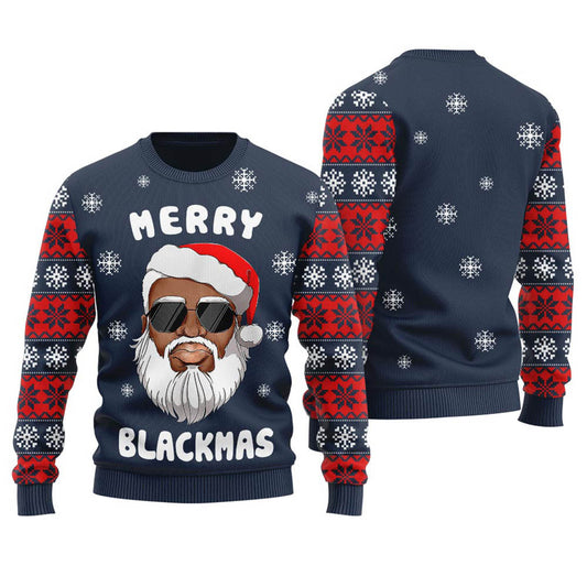 Classic Black Santa Mens Ugly Christmas Sweater Navy