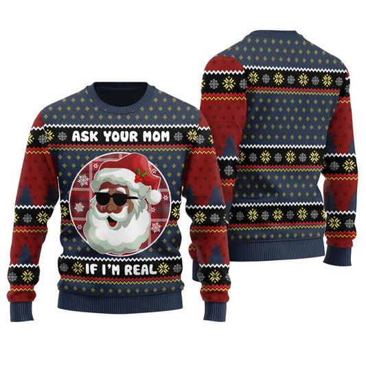 Cute African American Santa Christmas Sweater Men Navy - Funny Ugly Christmas Sweater