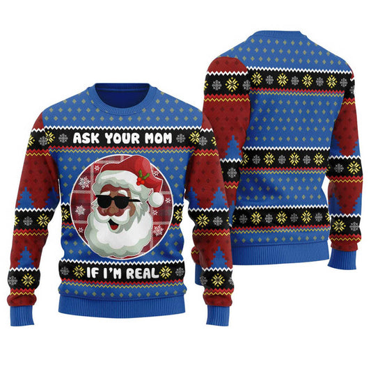 Nice African American Santa Holiday Sweater Women Royal - Funny Ugly Christmas Sweater