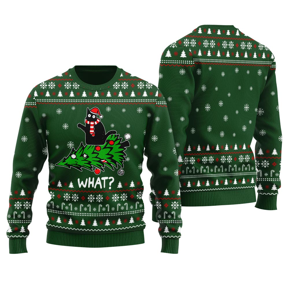 Classic Black Cat Ugly Men's Christmas Sweater Forest Green