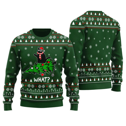 Classic Black Cat Ugly Men's Christmas Sweater Forest Green