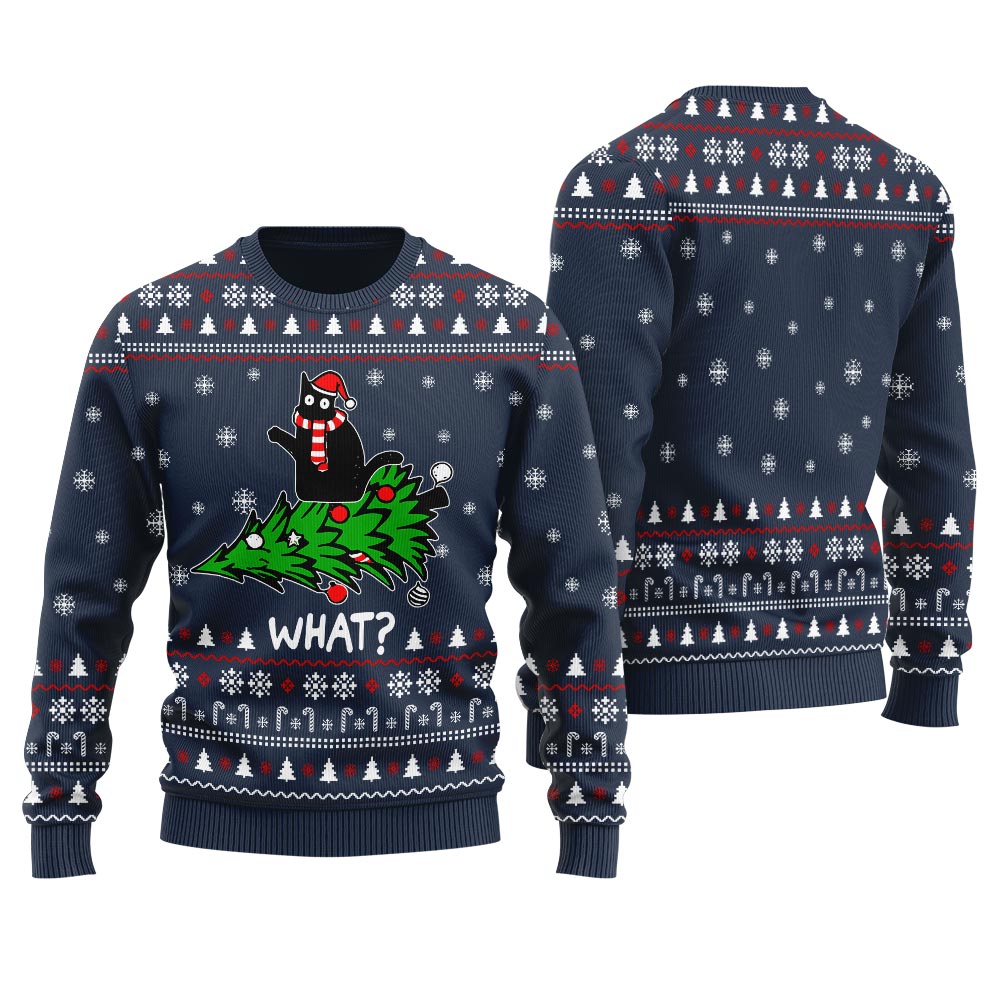 Hilarious Black Cat Men's Holiday Sweater Navy