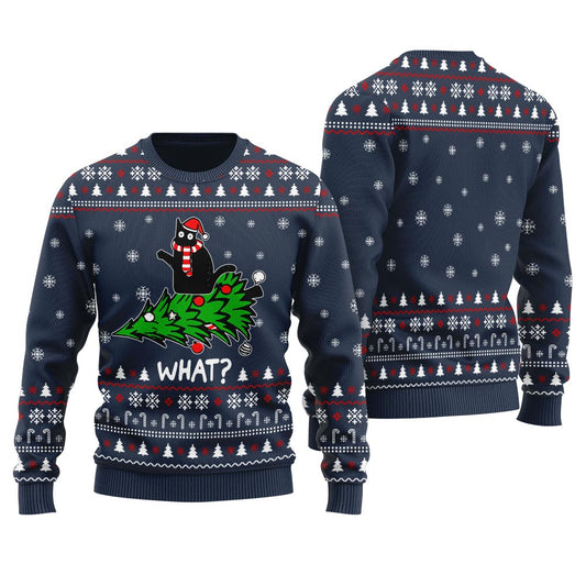 Cute Black Cat Holiday Sweater Women Navy