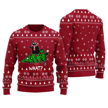 Creative Black Cat Ugly Christmas Sweater Adults Cardinal Red