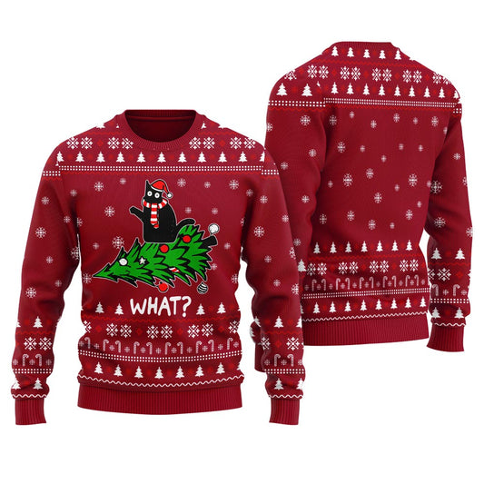Creative Black Cat Ugly Christmas Sweater Adults Cardinal Red