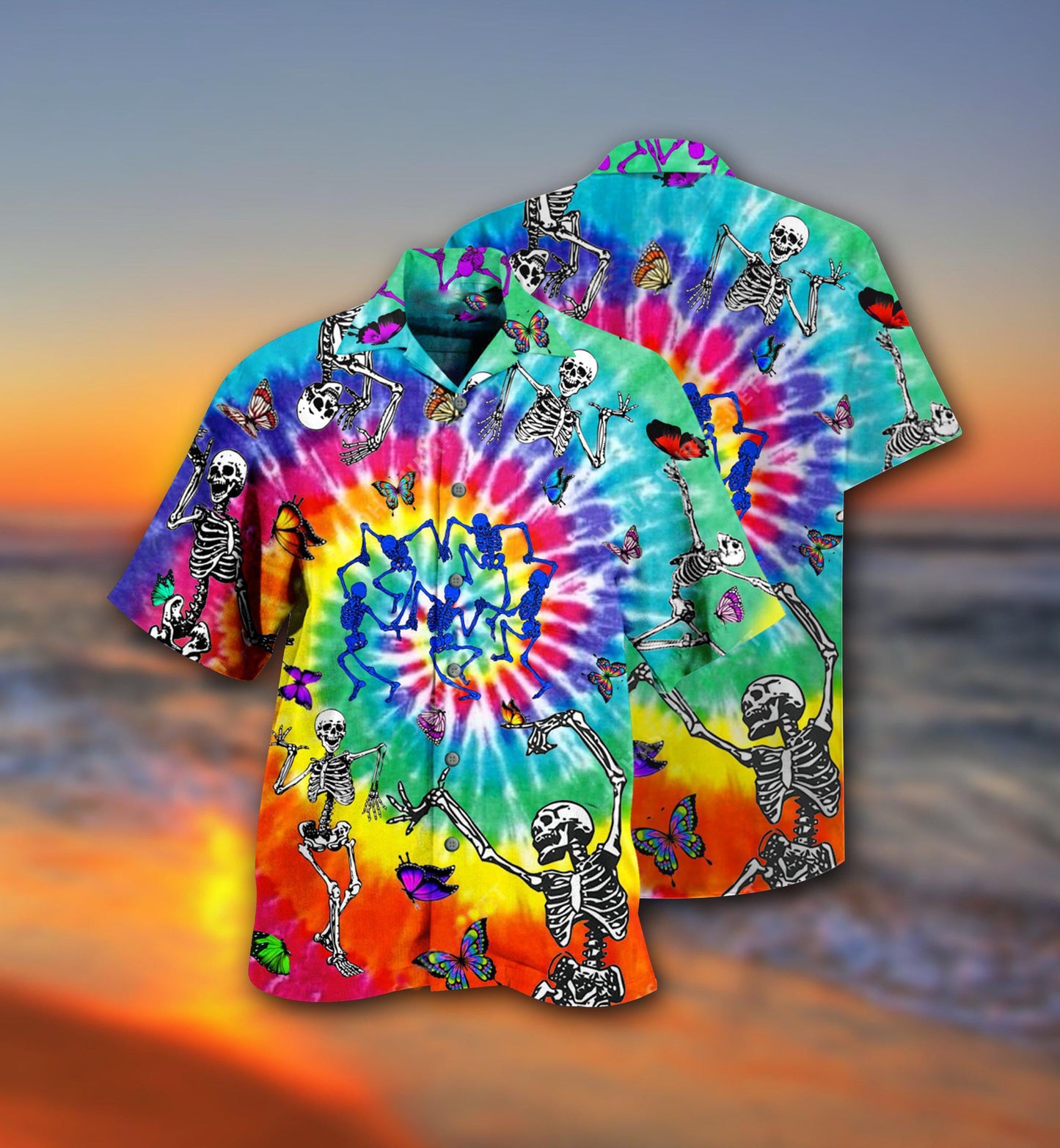 Hippie Skull Dancing With Butterfly Funny - Hawaiian Shirt 