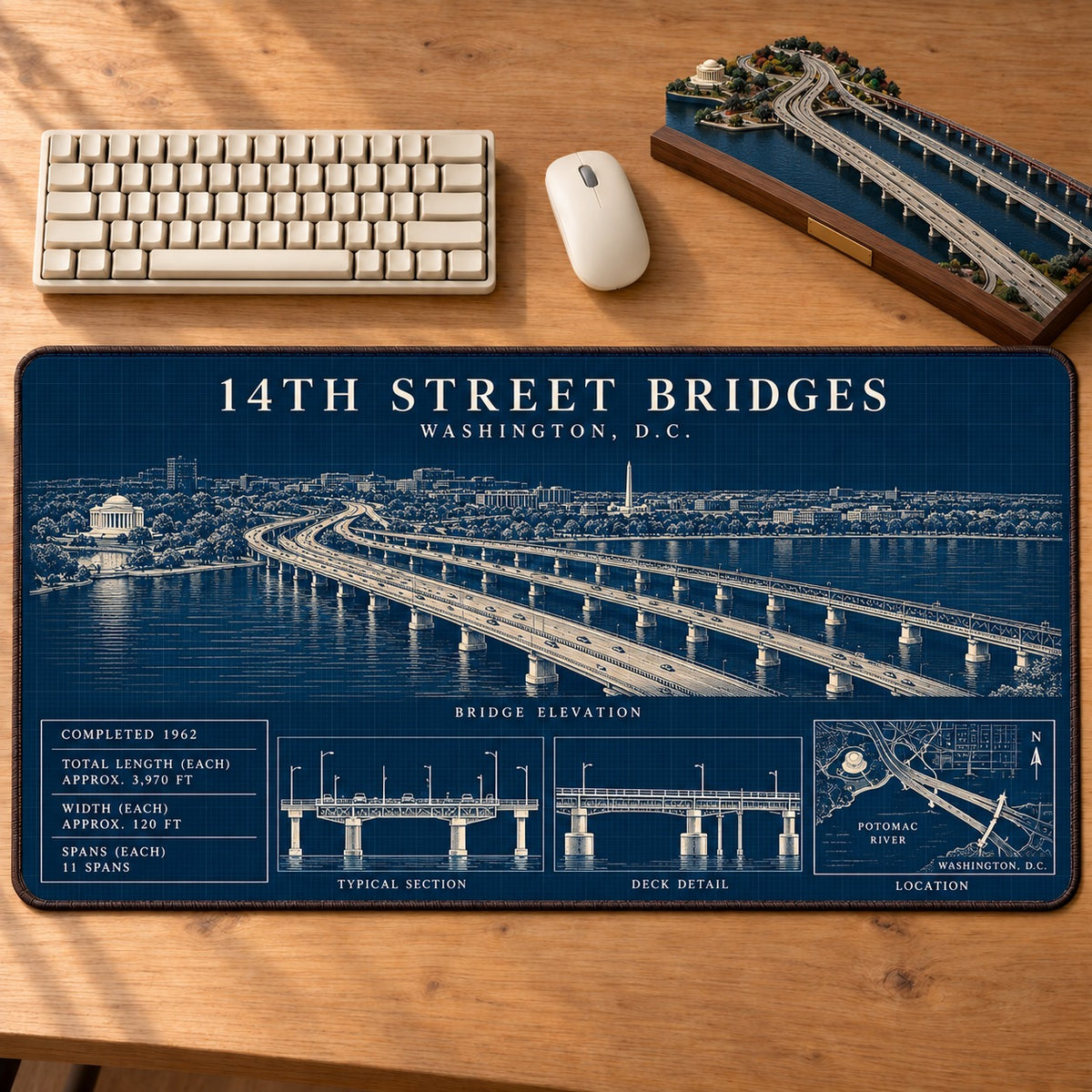 Historic American Bridges Architectural Blueprint Desk Mat Mouse Pad Trending - 5to9vibe