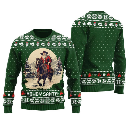 Howdy Santa Western Christmas Sweater Green