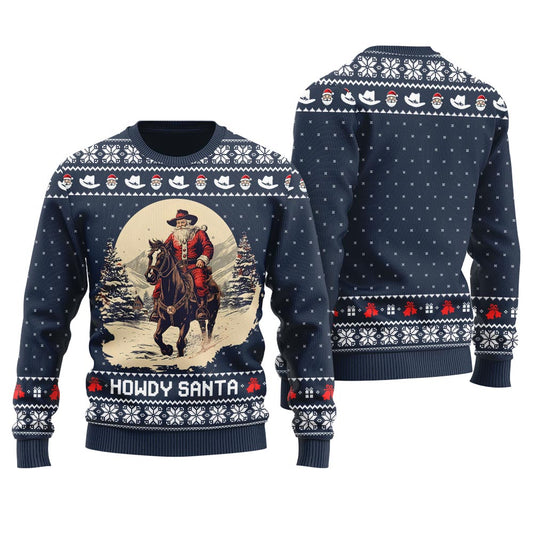 Cowboy Ugly Christmas Sweaters Howdy Santa Navy