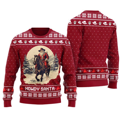 Western Ugly Christmas Sweater Howdy Santa Red