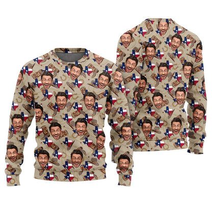 Funny Personalized Cowboy Face Texas Ugly Christmas Sweater Grey