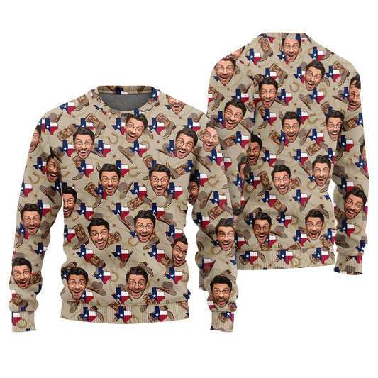 Funny Personalized Cowboy Face Texas Ugly Christmas Sweater Grey