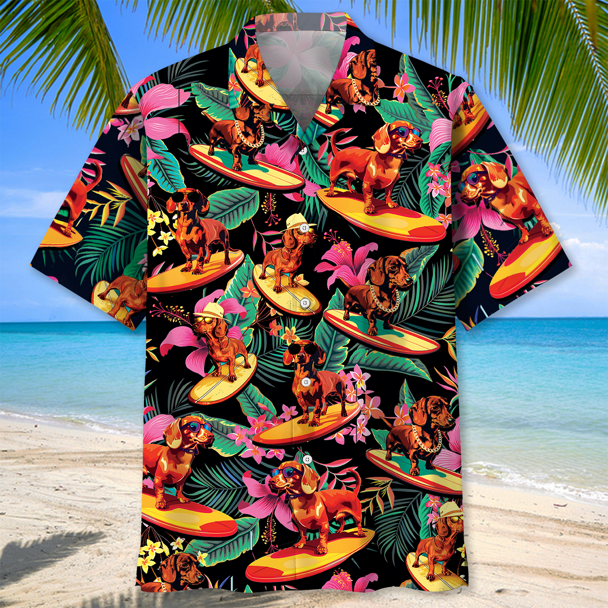 Dachshund Surfing Tropical Hawaiian Shirt