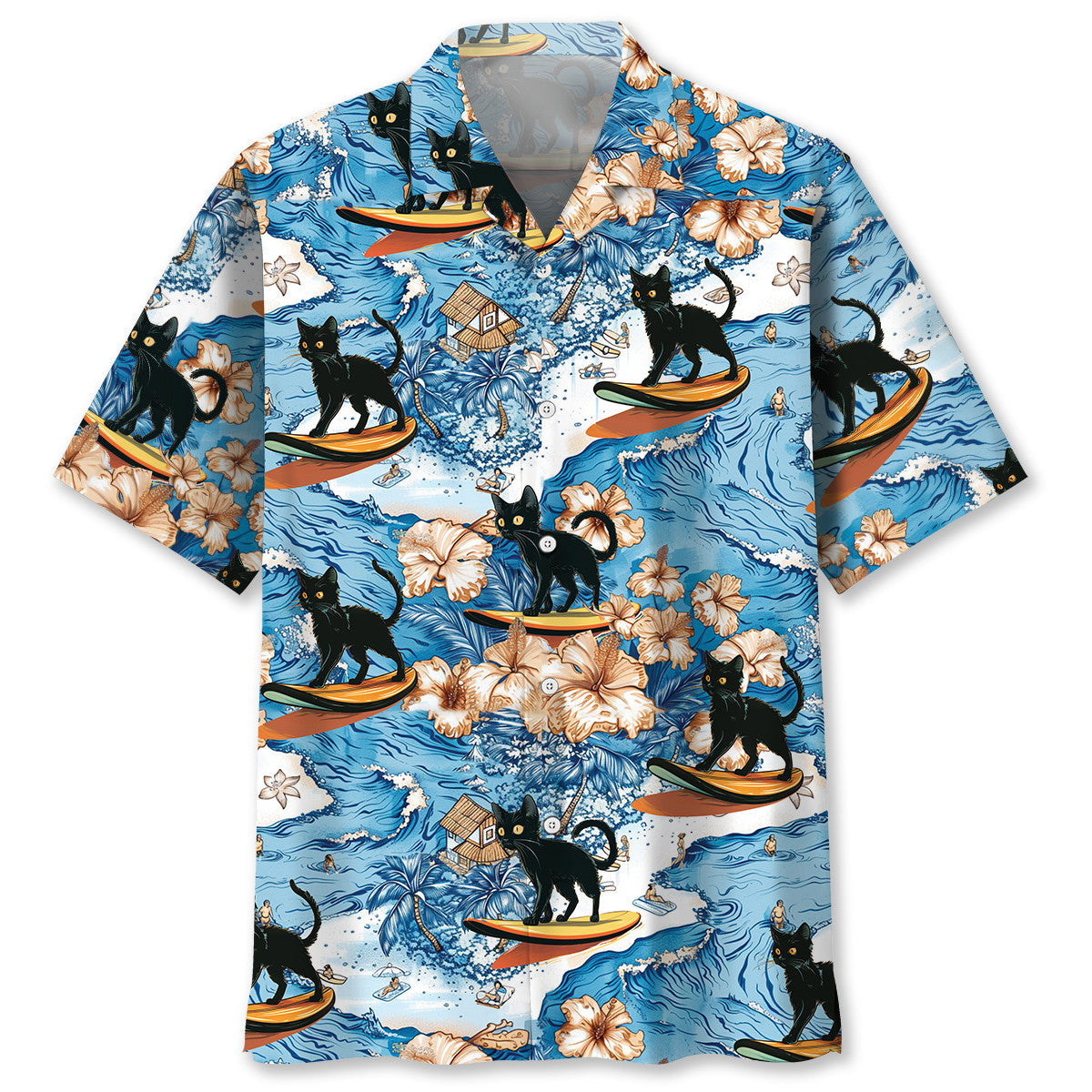 Black Cat Surfing Hawaiian Shirt