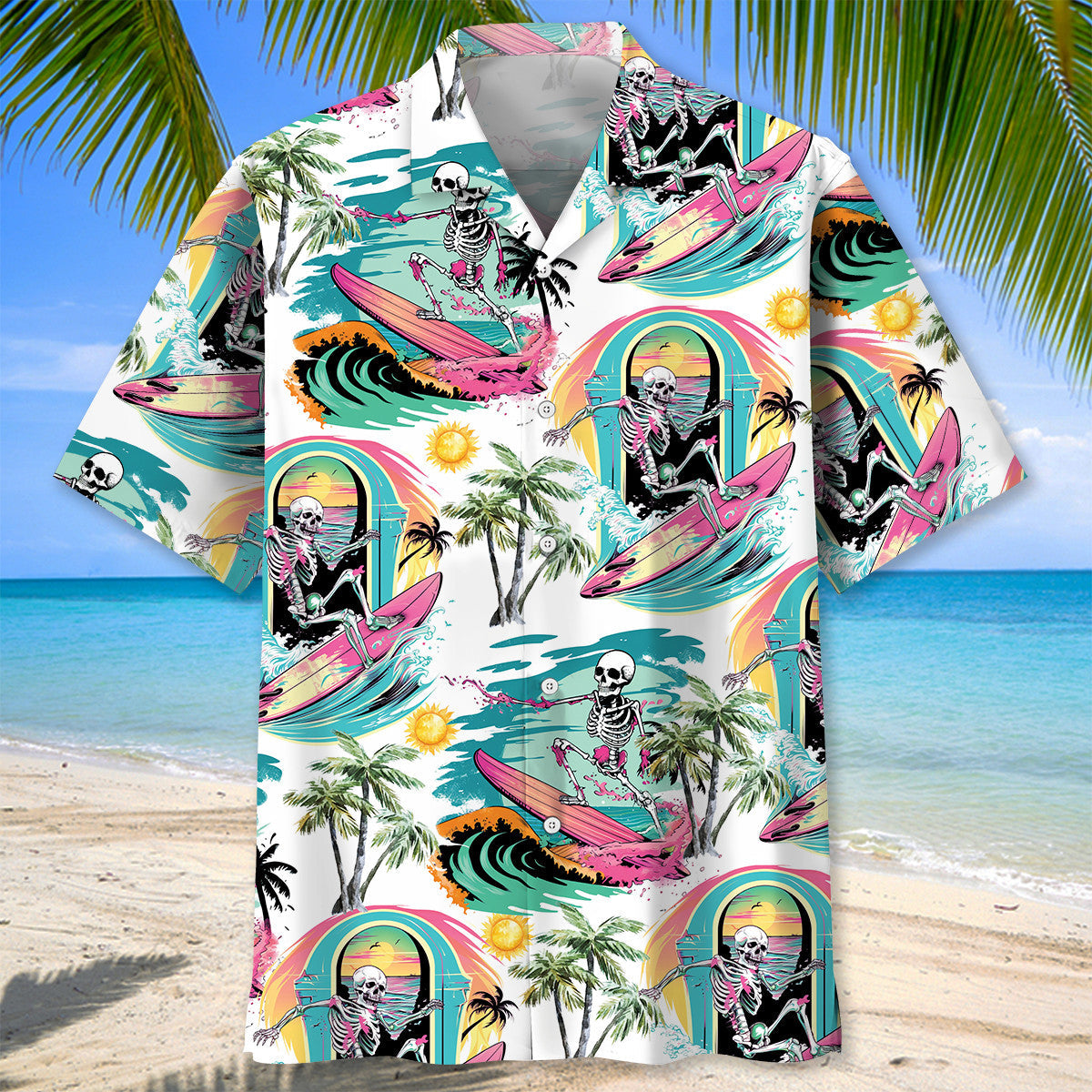 Skull Surfing Beach Hawaiian Shirt