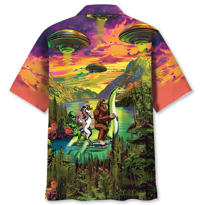 Bigfoot Alien Riding Nessie Hawaiian Shirt