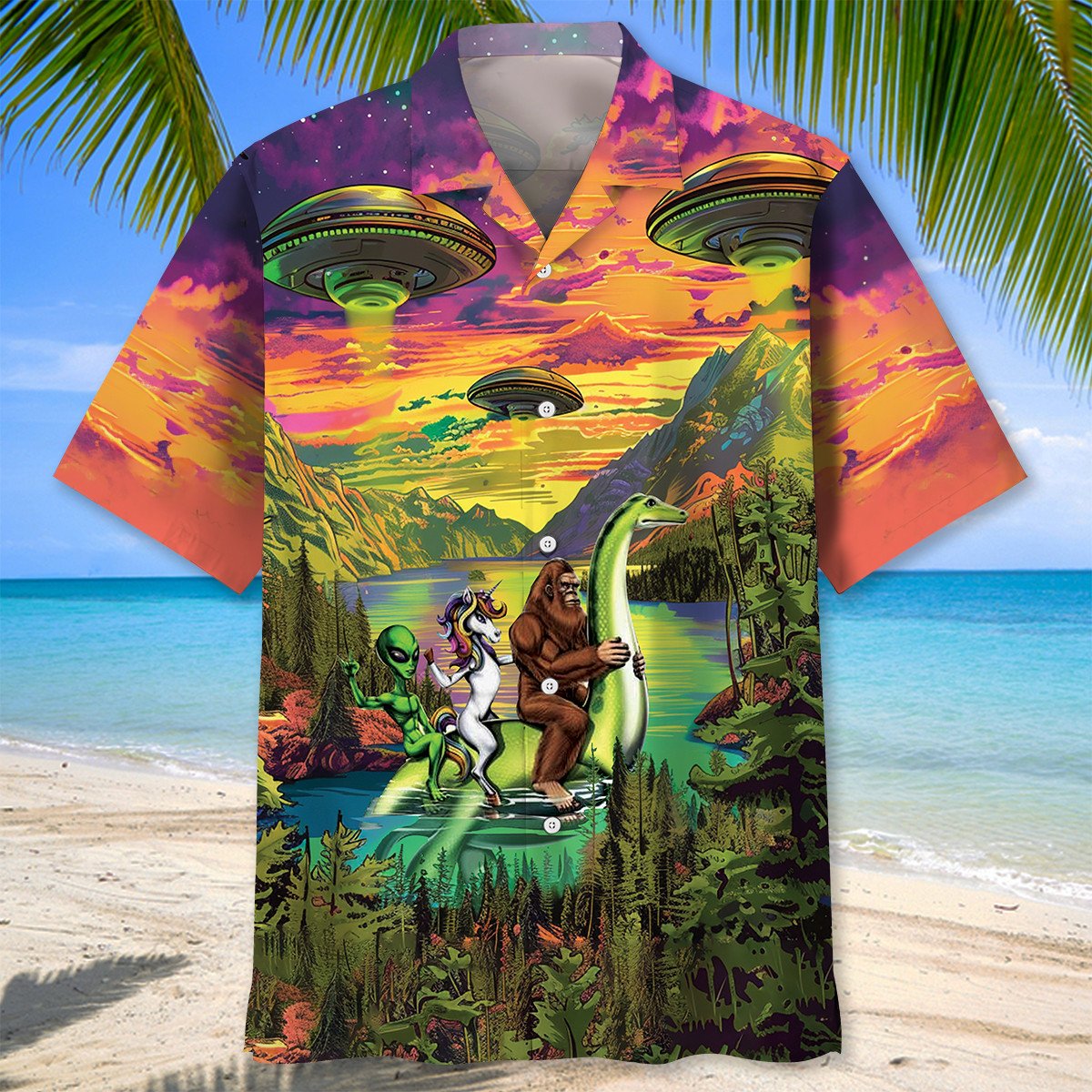 Bigfoot Alien Riding Nessie Hawaiian Shirt
