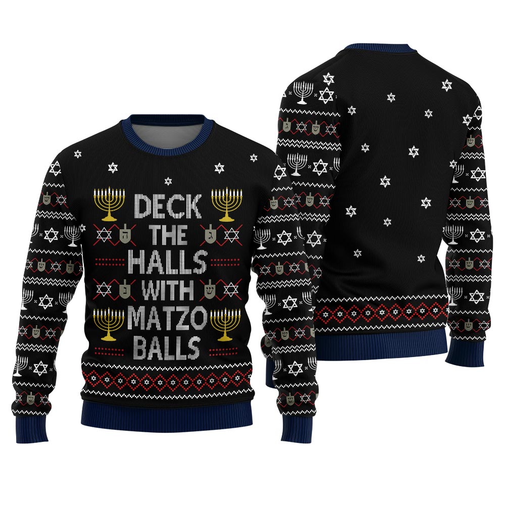 Deck the Halls with Matzo Balls Funny Hanukkah Sweater Black