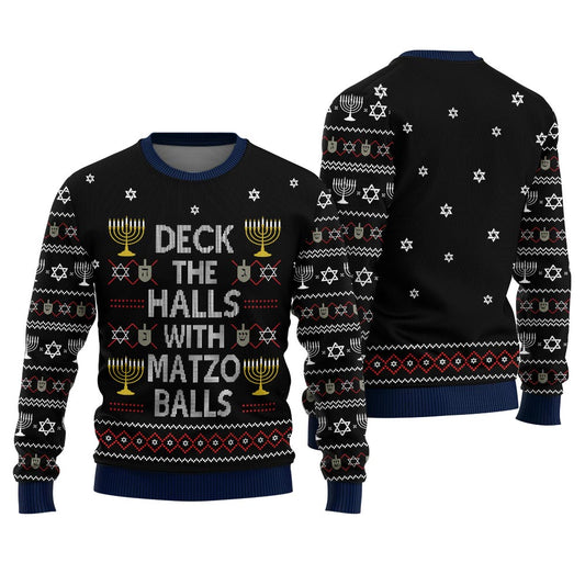 Deck the Halls with Matzo Balls Funny Hanukkah Sweater Black