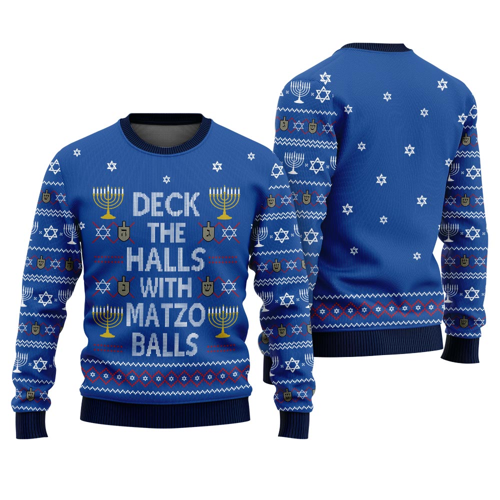 Deck the Halls with Matzo Balls Ugly Hanukkah Sweater Royal