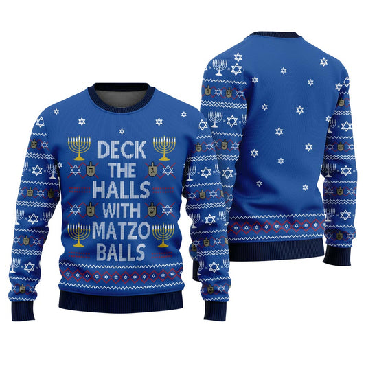 Deck the Halls with Matzo Balls Ugly Hanukkah Sweater Royal