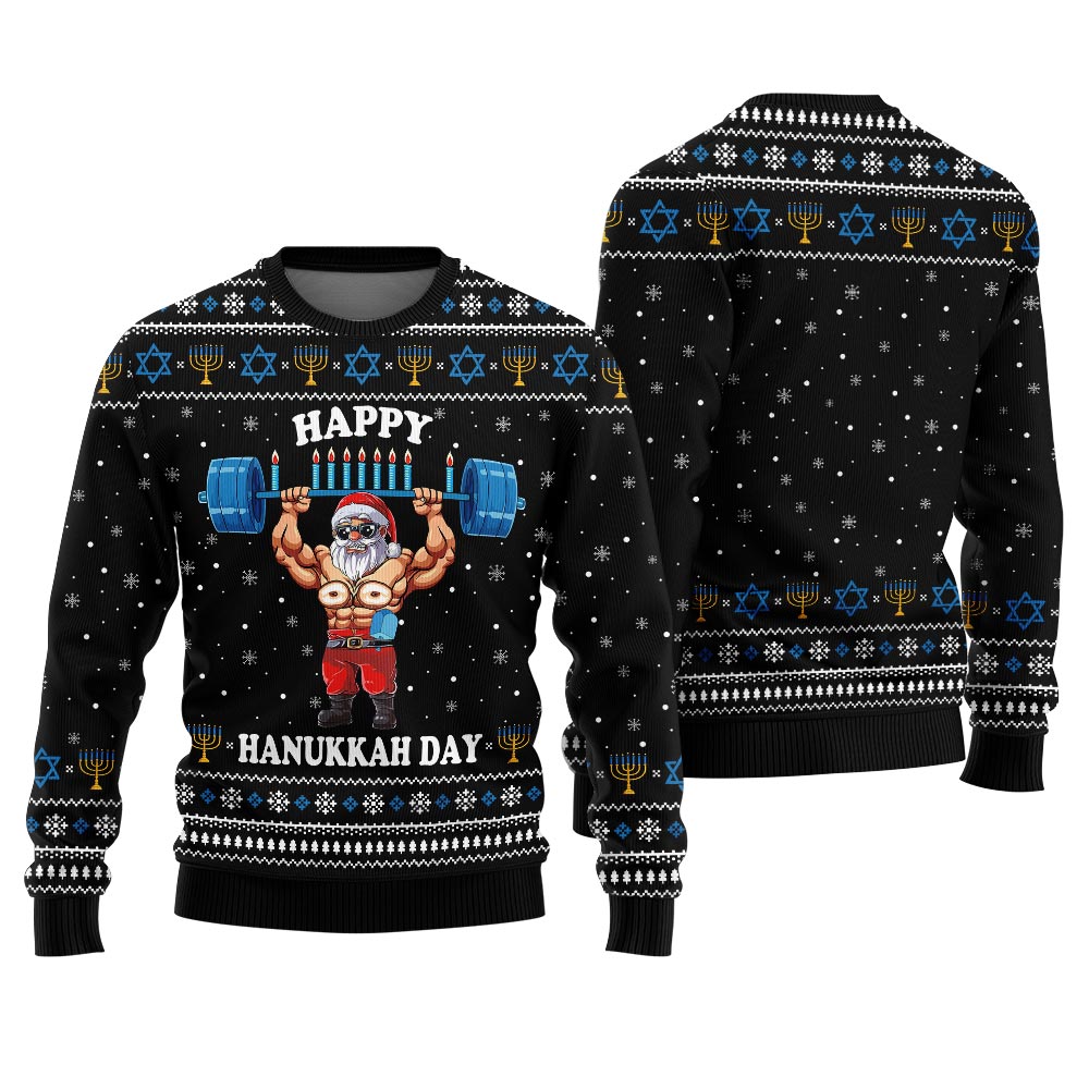 Funny Santa Lifting Ugly Holiday Sweater Hanukkah