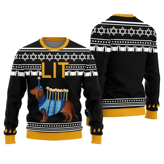 Let's Get Lit Hilarious Dachshund Ugly Hanukkah Sweater