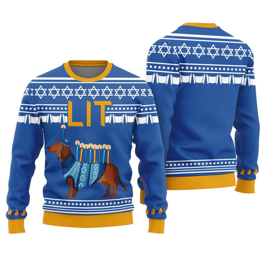 Let's Get Lit Hanukkah Dachshund Ugly Sweater Royal