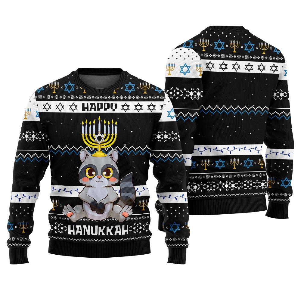Cute Raccoon Happy Hanukkah Ugly Sweater Black
