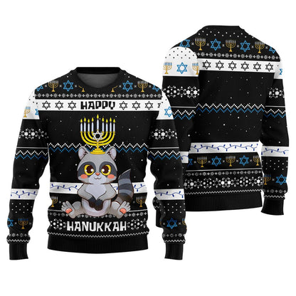 Cute Raccoon Happy Hanukkah Ugly Sweater Black