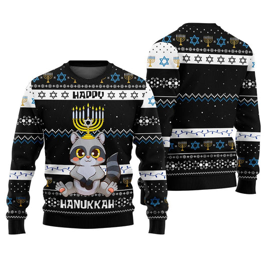 Cute Raccoon Happy Hanukkah Ugly Sweater Black
