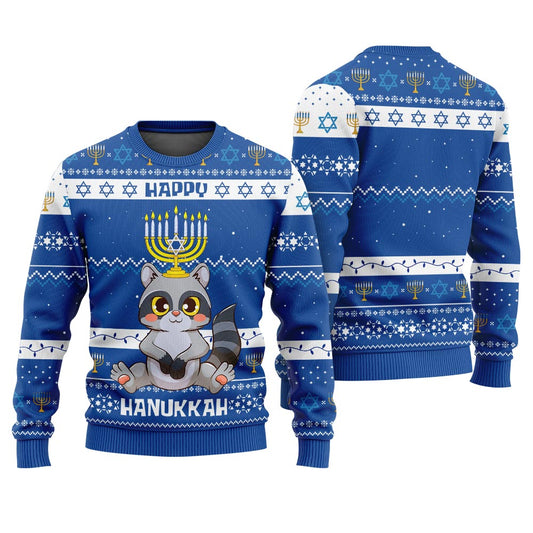 Funny Raccoon Ugly Hanukkah Sweater Royal