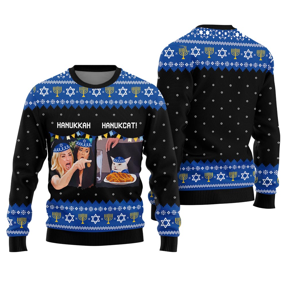 Funny Yelling Women And The Cat Meme Hanukkah Sweater