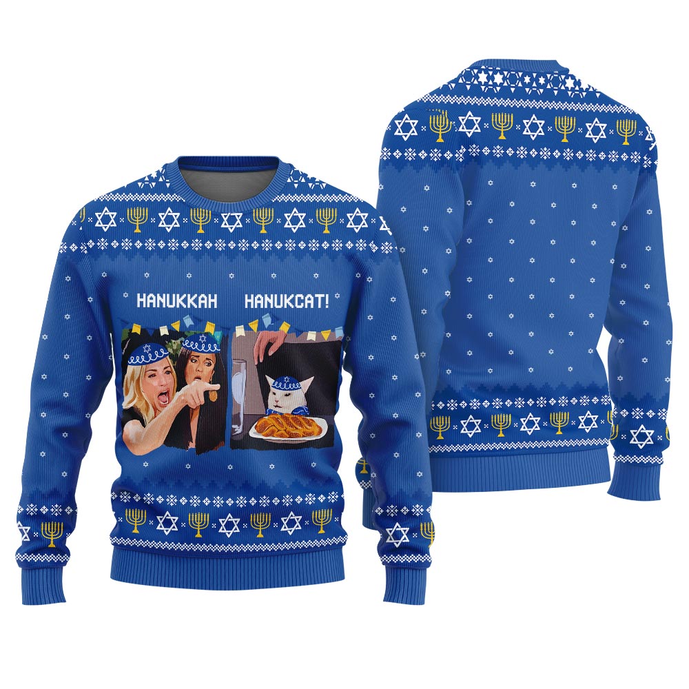 Funny Yelling Women And The Cat Meme Hanukkah Sweater