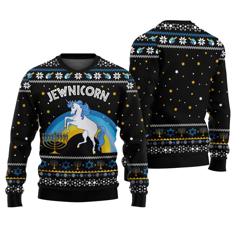 Hilarious Jewnicorn Ugly Hanukkah Sweater Black
