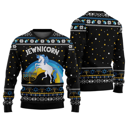 Hilarious Jewnicorn Ugly Hanukkah Sweater Black