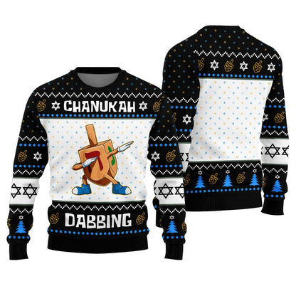 Funny Dabbing Dreidel Hanukkah Ugly Sweater Black