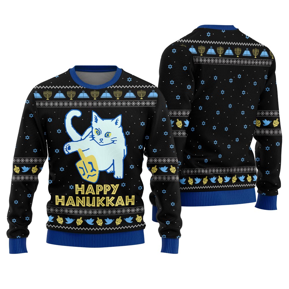 Happy Hanukkah Ugly Cat Sweater Black