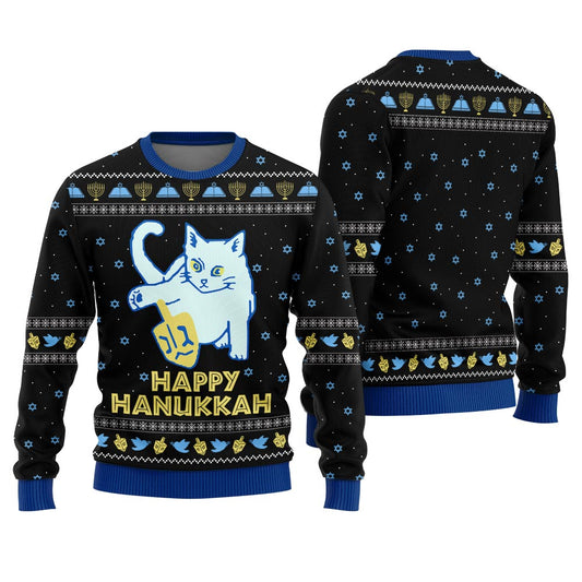 Happy Hanukkah Ugly Cat Sweater Black