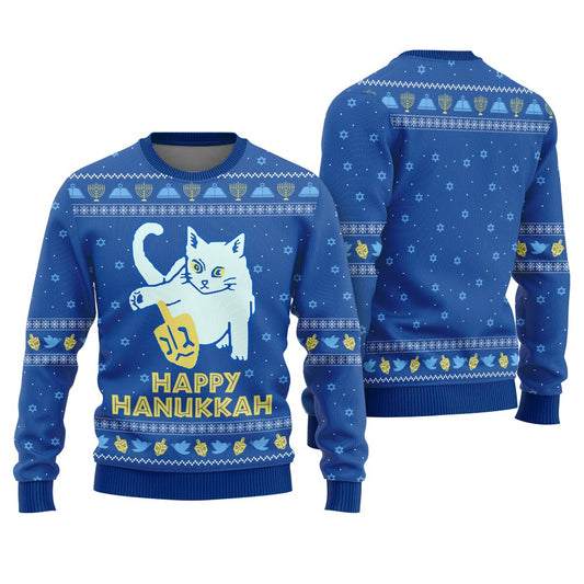 Happy Hanukkah Meowy Ugly Sweater Royal