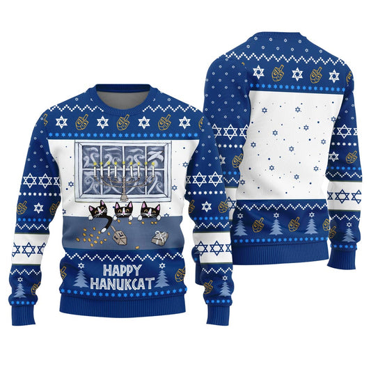 Happy Hanukcat Jewish Cat Ugly Hanukkah Sweater