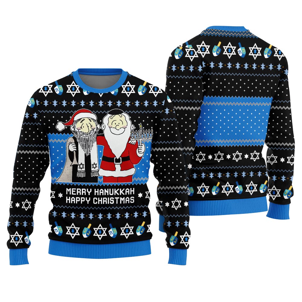 Merry Hanukkah Happy Christmas Ugly Christmas Sweater Black