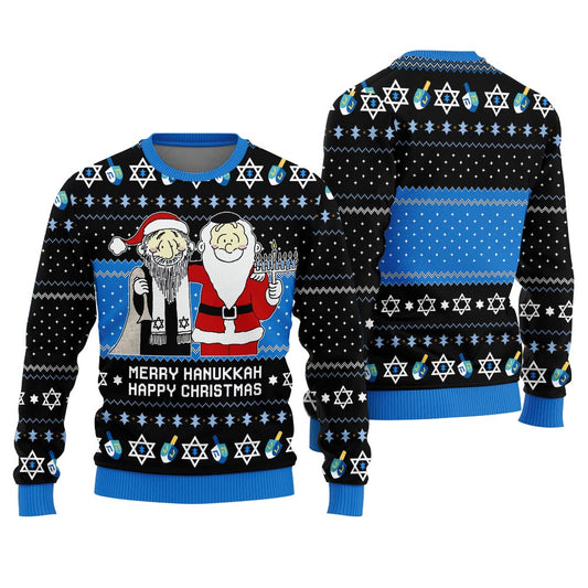 Merry Hanukkah Happy Christmas Ugly Christmas Sweater Black
