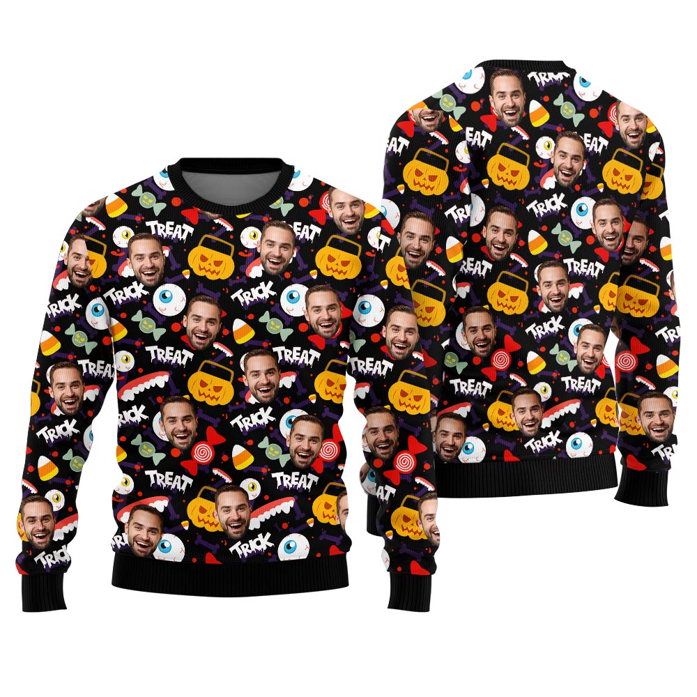 Funny Custom Face Halloween Ugly Sweater For Party Black