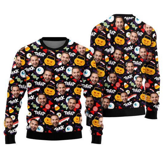 Funny Custom Face Halloween Ugly Sweater For Party Black